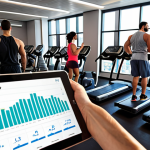 **

A modern fitness center scene. A diverse group of people are working out on various machines. In the foreground, a tablet displays a graph showing an upward trend for "Customer Retention Rate" (معدل الاحتفاظ بالعملاء) KPI in Arabic. The atmosphere is energetic and positive.

**