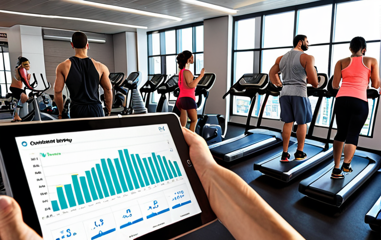**
A modern fitness center scene. A diverse group of people are working out on various machines. In the foreground, a tablet displays a graph showing an upward trend for "Customer Retention Rate" (معدل الاحتفاظ بالعملاء) KPI in Arabic. The atmosphere is energetic and positive.
**