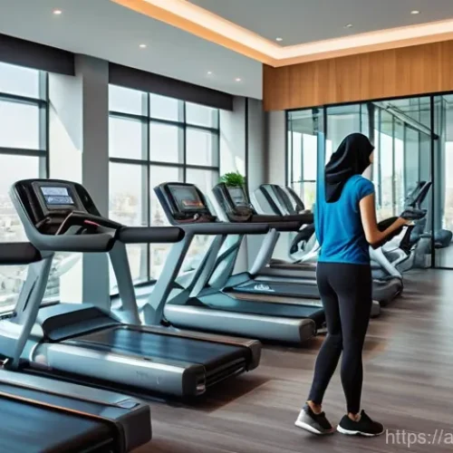 피트니스 경영사 중점 과목 정리 - **Prompt:** A dynamic, wide shot of a futuristic fitness center in a modern Arabian city. The scene ...