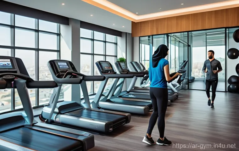 피트니스 경영사 중점 과목 정리 - **Prompt:** A dynamic, wide shot of a futuristic fitness center in a modern Arabian city. The scene ...