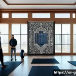 Home 14 피트니스 경영사 자격증 독학 가능성 - A modern fitness center management scene in an Arabic cultural setting, featuring a confident Middle...