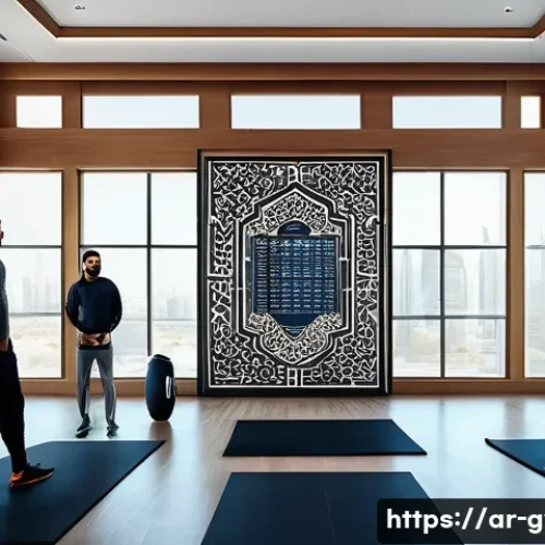 Home 8 피트니스 경영사 자격증 독학 가능성 - A modern fitness center management scene in an Arabic cultural setting, featuring a confident Middle...