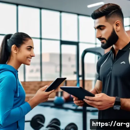 피트니스 경영사로서 멘토링 프로그램 - A professional Middle Eastern fitness coach mentoring a young Arab gym manager inside a modern sport...