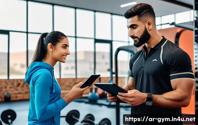 피트니스 경영사로서 멘토링 프로그램 - A professional Middle Eastern fitness coach mentoring a young Arab gym manager inside a modern sport...