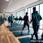 피트니스 경영사와 운동 프로그램 기획 - A modern Arabic fitness gym interior bustling with diverse members engaging in personalized workout ...