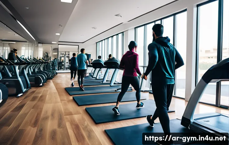 피트니스 경영사와 운동 프로그램 기획 - A modern Arabic fitness gym interior bustling with diverse members engaging in personalized workout ...