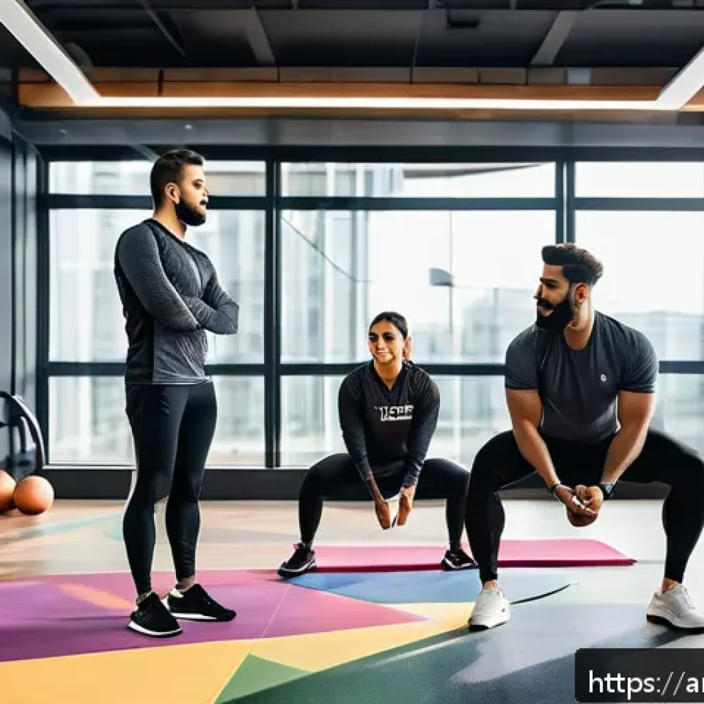 피트니스 경영사 면접 예상 질문과 답변 - A modern fitness center manager leading a diverse team meeting in a bright, spacious gym with Arabic...