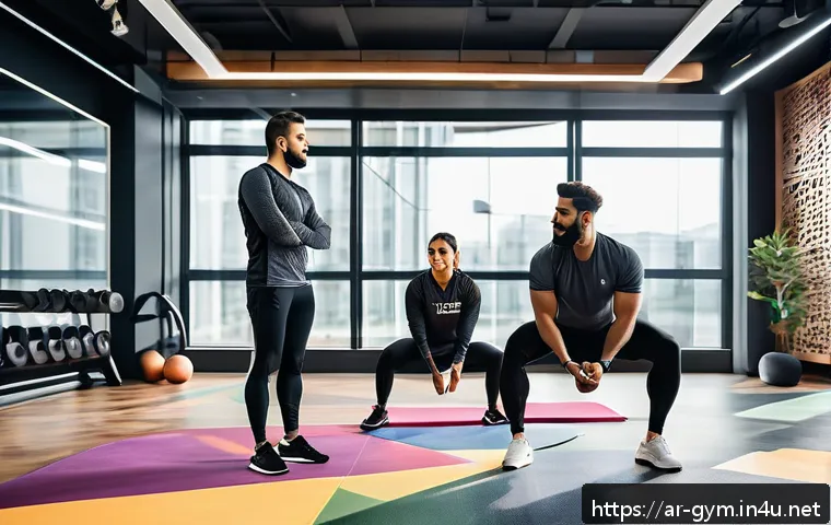 피트니스 경영사 면접 예상 질문과 답변 - A modern fitness center manager leading a diverse team meeting in a bright, spacious gym with Arabic...