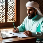 피트니스 경영사 시험 공부 플랜 - A modern Arab man studying fitness management at home, surrounded by neatly organized textbooks, a l...