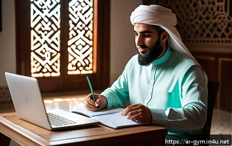 피트니스 경영사 시험 공부 플랜 - A modern Arab man studying fitness management at home, surrounded by neatly organized textbooks, a l...