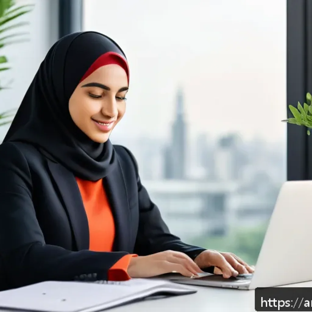 피트니스 경영사로서 직무 스트레스 관리 - A modern, well-organized Arabic office environment featuring a young Middle Eastern professional wom...