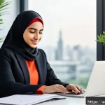 피트니스 경영사로서 직무 스트레스 관리 - A modern, well-organized Arabic office environment featuring a young Middle Eastern professional wom...