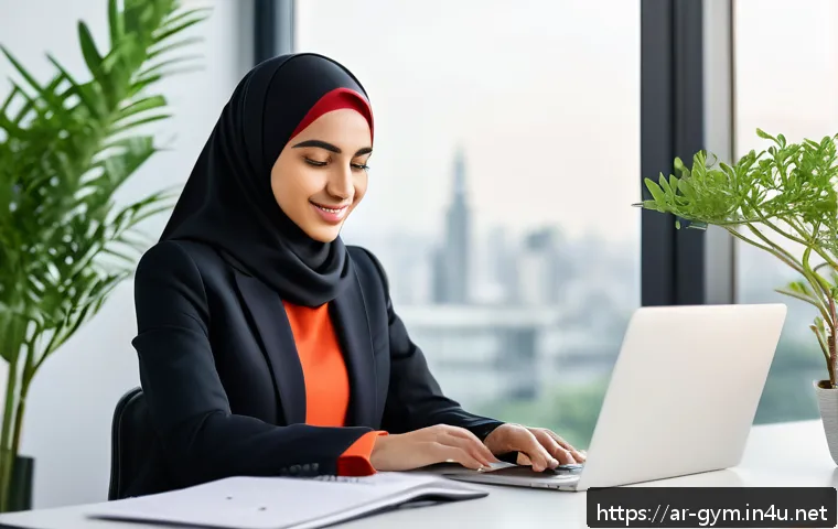 피트니스 경영사로서 직무 스트레스 관리 - A modern, well-organized Arabic office environment featuring a young Middle Eastern professional wom...