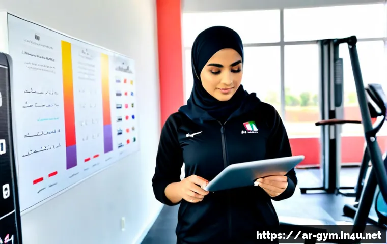 피트니스 경영사 실습 사례 보고 - Photorealistic fitness management practicum scene in a modern Gulf Arab health club, a modestly dres...