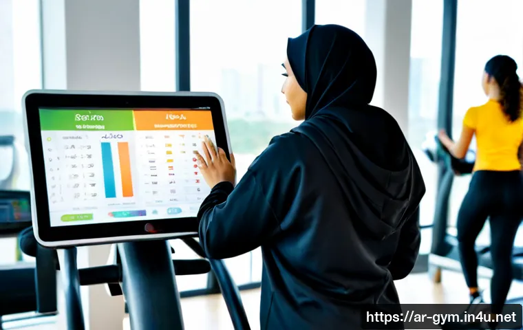 피트니스 경영사와 관련된 산업 동향 - Photorealistic modern fitness club in a Gulf city, an Arab female fitness manager in modest athletic...